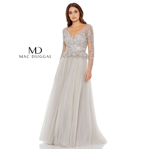 New Mac Duggal  11168 Embroidered Lace Illusion Long Sleeve A-Line Gown Size 4 H - Picture 2 of 8